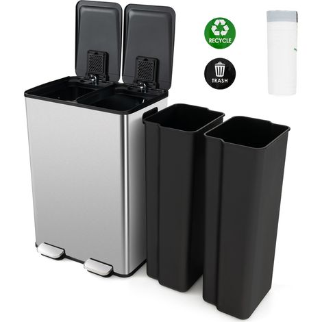 COSTWAY 60L Dual Compartment Trash Can 2 x 30L Trash Bin-Silver (1/2)