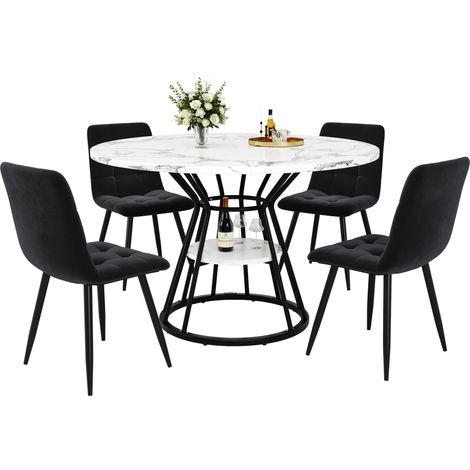 Table et chaises de salle à manger 5 pièces rondes 100 x 100 x 76 cm, plateau MDF effet marbre, chaises en velours noir CHICFURN (1/5)