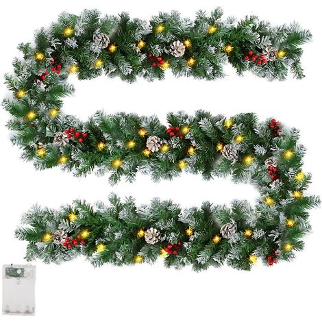Guirlande de Noël pré-illuminée avec pommes de pin et grappes de baies, guirlande artificielle avec 50 lumières LED, fonctionne sur piles, idéale pour décorer escaliers, cheminée ou porte d'entrée. (1/2)