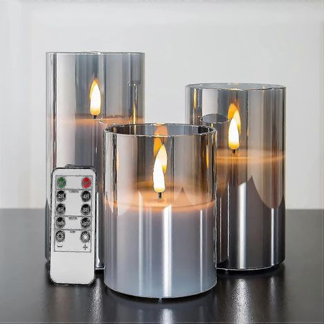 Bougies sans flamme en verre gris argenté avec télécommande, lot de 3 fausses bougies LED réalistes de 7,6 cm, 10,2 cm, 12,7 cm et 15,2 cm de hauteur. (1/5)