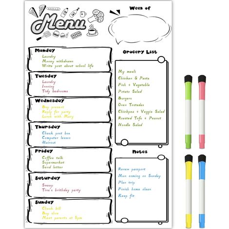 Tableau Magnétique 11 X 16 Pouce - Tableau Effaçable à Sec pour Cuisine et Bureau - Planificateur Hebdomadaire et Liste de Courses - Lot de 1 Tableau + 4 Stylos (1/5)