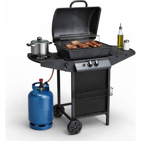 Barbecue a Gas 2 Fuochi con Fornello Laterale, Coperchio e Griglia 37x48 cm, Accensione Piezo, Ruote e Mensola con Ganci