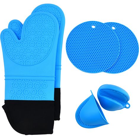 Set di 6 guanti da forno in silicone - Resistenti al calore - Antiscivolo - Con mini guanti e sottopentola - Guanti da cucina per cuocere al forno, grigliare (nero blu) (1/5)