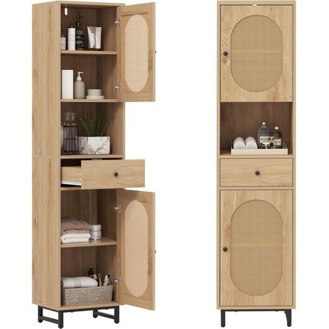 COSTWAY Mobiletto da Bagno, Armadio a Colonna con 2 Ante in Rattan, Cassetto e Ripiano Aperto, Armadietto a Terra Salvaspazio con Mensole e Piedini Regolabilii, per Soggiorno, Ingeresso e Cucina (1/5)