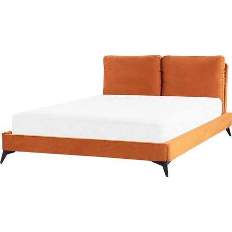 EU King Size Bed Orange Velvet Upholstery 5ft3 Slatted Base with Thick Padded Headboard with Cushions MELLE