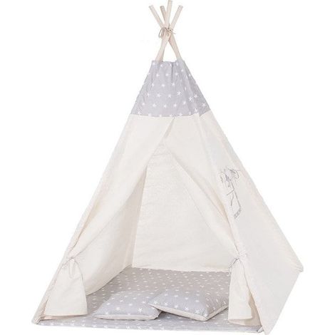 Tienda Tipi Wigwam beige con motivo de estrella gris 100% algodón A160xL120xF100 cm con 2 almohadas