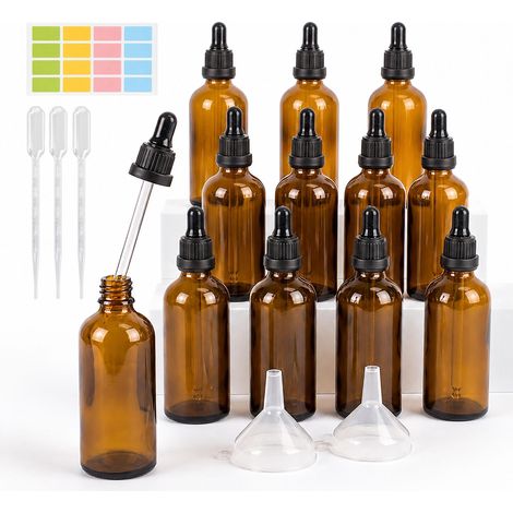 Amber Glass Dropper Bottles, 100 ml, 12-Pack Set (1/5)