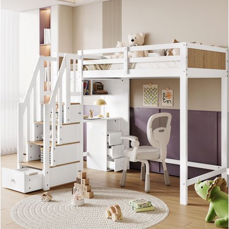 Lit superposé 90x200cm lit enfant avec bureau 3 tiroirs étagère ouverte,escalier de rangement, barrière de sécurité, blanc (1/5)