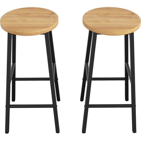 CHICFURN Lot de 2 tabourets de bar 63 cm avec assise ronde aspect bois, cadre en métal noir, double repose-pieds, pieds réglables antidérapants, cuisine (1/5)
