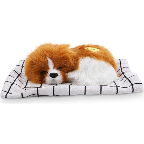Adorable peluche réaliste représentant un chien endormi, avec sons, jaune et blanc. (1/5)