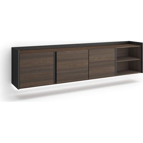 Skraut Home - Mobile TV Soggiorno, Ampio spazio a disposizione, 207x35x50cm, Per TV fino a 80", Sospeso, da appendere, LED, Stile moderno, Rovere scuro e Nero