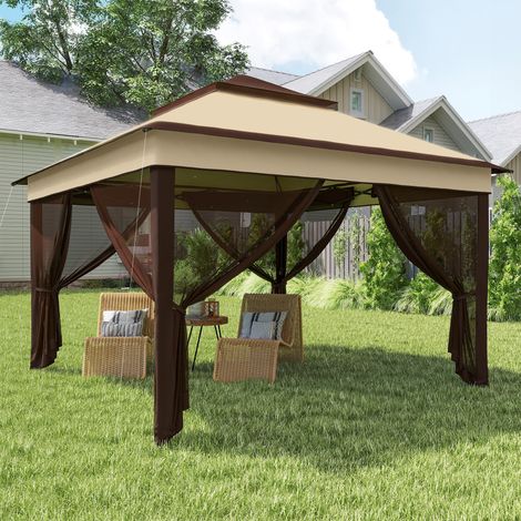 Gazebo 3x3 Regolabile su 3 Livelli con Pareti Rimovibili, in Acciaio e tessuto Oxford, color Caffè e Beige