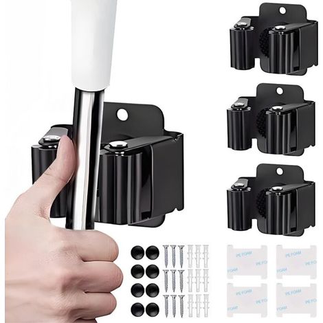 4 heavy-duty wall-mounted broom holders - Stainless steel - For bathroom/kitchen (black) (1/5)
