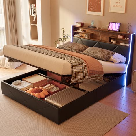 JOOKGBD–Lit Coffre 160x200 cm, Lit Double Rembourré avec Éclairage LED et Charge USB, Tête de Lit avec Rangement, Sommier à Lattes, Lit Adolescent Adulte, PU, Noir (1/5)