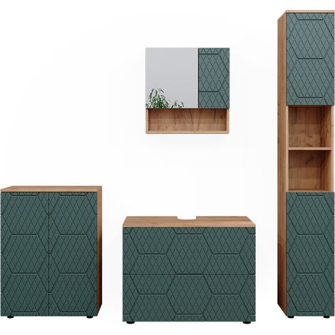 Ensemble de meubles de salle de bain Irma, Vert, 4 pièces, avec armoire à tiroirs et armoire middle, Vicco