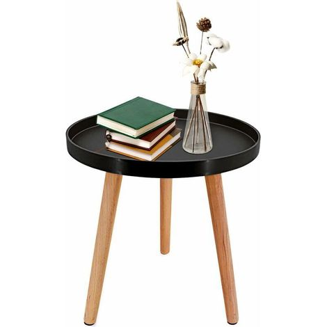 Petite Table d'Appoint, pour Salon, Chambre, Bureau, Petite Table d'Appoint pour Petits Espaces, avec Pieds en Bois Naturel, 40cm (Noir) (1/4)