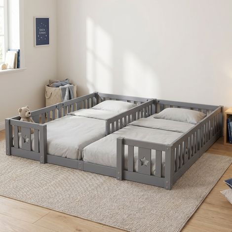 Lit simple 90x200 cm(x2), lit enfant, lit au Sol Montessori avec Barrières, Motif Étoile,  sommier non inclus, Bois, Gris