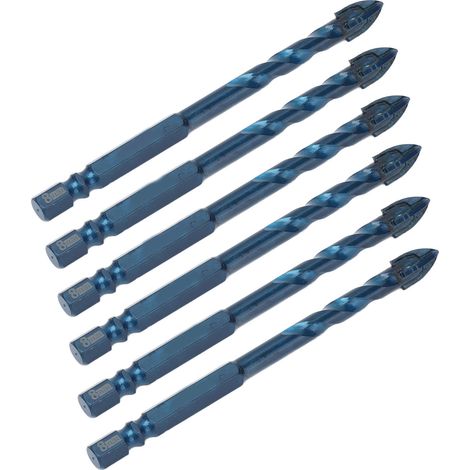 Ensemble 10 mèches carbure pointe croisée queue hexa 6,35 mm (1/4 pouce) perçage carrelage marbre vitre. Bleu foncé. Perçage 8 mm. (1/5)