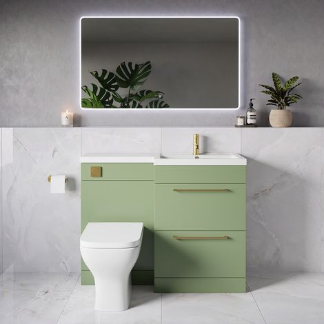 Napoli 390 Olive Green 1100mm 2 Drawer Vanity Unit Toilet Suite with Square Right Hand Lucia Basin - 1100mm - Brushed Brass 320mm HandleWith Kingston Toilet Pan and Seat
