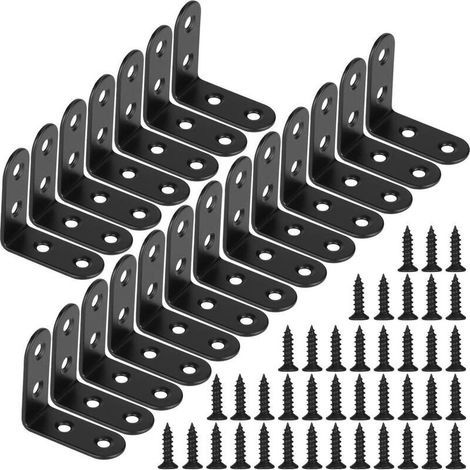 Support fixe noir support à angle droit support en métal en forme de L avec vis support d'armoire de meubles en bois 40X40X20mm -20 pièces (1/4)