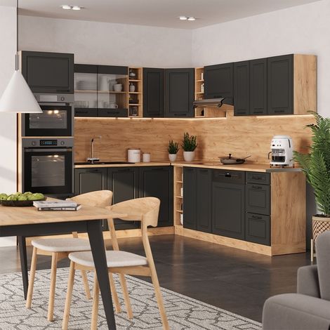 Eckküche R-Line, Anthrazit Landhaus/Goldkraft Eiche, 247 x 237 cm, AP Eiche, Vicco