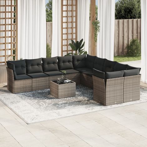 11-tlg. Garten-Sofagarnitur mit Kissen Grau Poly Rattan (1/3)
