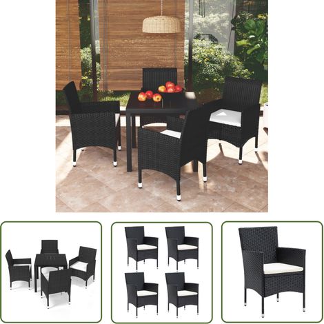 The Living Store 5-tlg. Garten-Essgruppe mit Kissen Poly Rattan Schwarz - Gartensessel - Gartenstuhl - Outdoor Möbel - Balkonmöbel - Terrassengestühl (1/5)