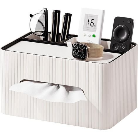 PU Leather Tissue Box with Shelf, Rectangular Tissue Box with 2 Compartments, Modern for Living Room, Bathroom and Office, White (1/5)