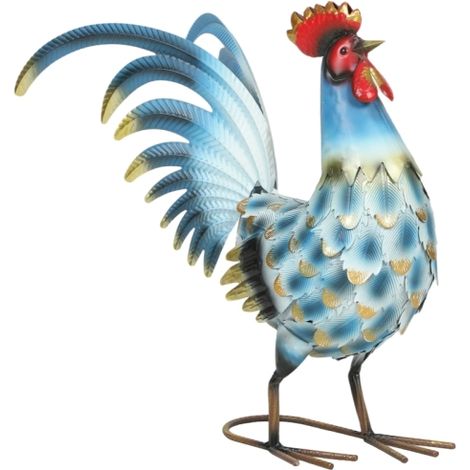Statua di gallo in metallo per giardino – Scultura esterna resistente alle intemperie, altezza 41 cm, fissaggio al suolo incluso, design colorato e decorativo