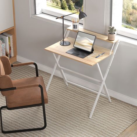 Bureau pliant blanc avec étagère, 81,5 x 62 x 86,5 cm, bois et métal, pour écran d'ordinateur (1/5)