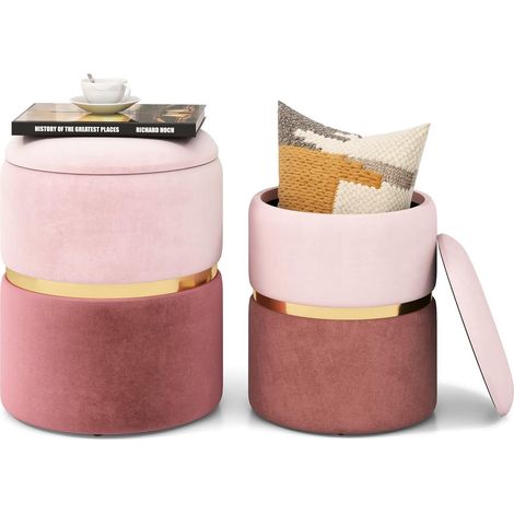 COSTWAY Juego de 2 Otomanas Redondas Tapizadas de 32 L + 21 L con Gran Espacio de Almacenamiento y Asiento Acolchado de Esponja, de 2 Colores para Sala de Estar, Dormitorio, Rosa (1/5)