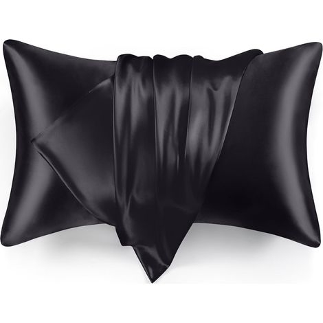 Lot de 2 taies d'oreiller en satin pour grand lit pour les cheveux et la peau, taies d'oreiller rafraîchissantes et soyeuses avec fermeture à rabat (50,8 x 76,2 cm, noir) (1/5)
