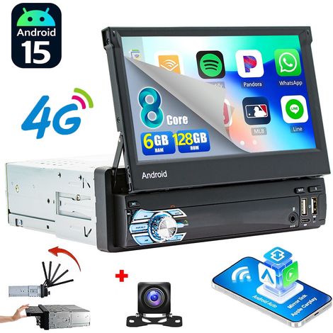 Autoradio Android 15 1 DIN 6Go+128Go 8-Cœurs - Apple CarPlay, 4G, GPS, Bluetooth, Radio RDS - 6+128G CAM