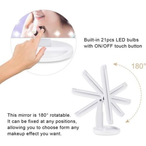 Miroir Maquillage Lumineux LED Tri-Pli 21 LED 180° Rotatif Alimentation Double Grossissement 2X 3X Miroir de Bureau pour Voyage (1/4)