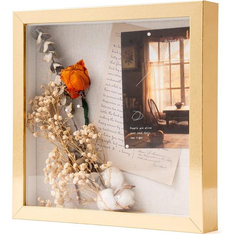 Cadre photo 3D à remplir avec véritable vitre en verre doré - 28 x 28 x 2,5 cm - Cadre en MDF profond pour photos, bouquet de mariage, œuvres d'art DIY, boîte d'ombrage, cadeau (1/5)