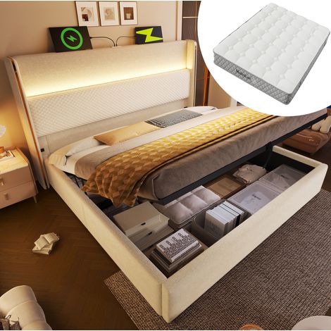 Cama hidráulica con colchón 160x200 cm, cabecero alto, LED, almacenamiento y carga USB y Tipo C, lino beige (1/5)