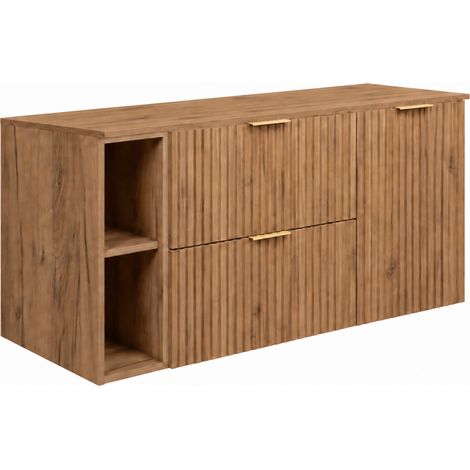 Set di mobili da bagno, 2 cassetti, 1 anta, chiusura ammortizzata, cesto portabiancheria, Rovere Craft, maniglie dorate, 120 x 46 x 57 cm (1/5)