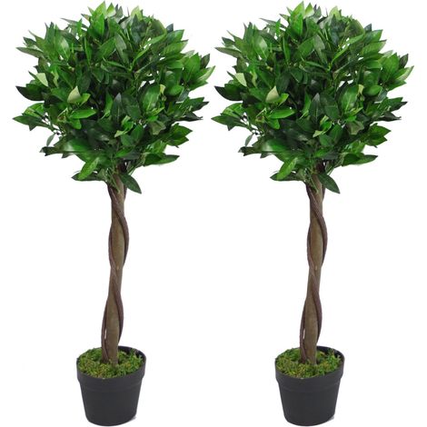 Pair of 90cm (3ft) Twisted Stem Artificial Topiary Bay Laurel Ball Trees (1/5)