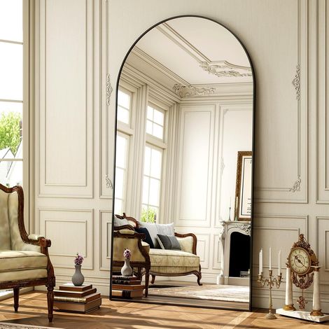 Grand miroir en arc de 76 x 171 cm pleine longueur, grand miroir de sol debout avec partie supérieure incurvée, à fixer au mur, à incliner pour salon, noir (1/5)