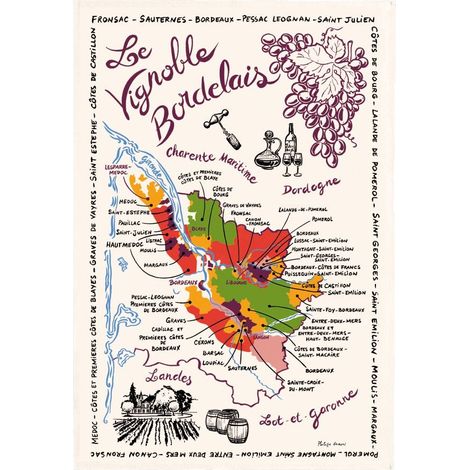 Torchon de Cuisine La Carte des Bordeaux en Coton Absorbant Illustré - PANGIVO (1/2)