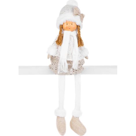 Figur MagicHome Weihnachten, Mädchen in weißer Mütze mit langen Beinen, weiß-golden, Stoff, 15x10x45 cm (1/3)