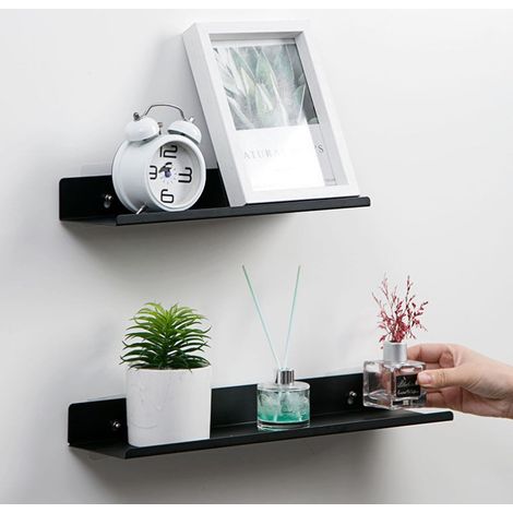 Étagère murale flottante Étagère de salle de bain rectangulaire en aluminium mat Étagère murale mince et solide Étagère de rangement cosmétique murale à la mode Noir 40cm (1/4)