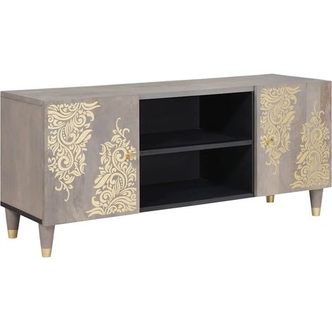 Meuble TV design moderne avec rangement intérieur 105 x 33 x 46 cm en bois de mangue massif gris