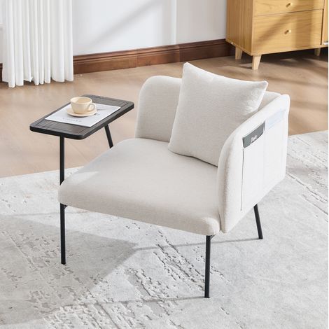 Sillón reclinable tapizado en chenilla, 86x72x71 cm, con mesita auxiliar, 2 bolsillos laterales y estructura metálica, color beige (1/5)