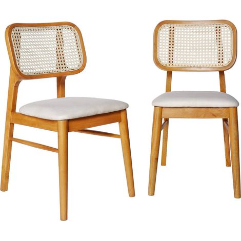 Lot de 2 chaises bois d'hévéa. cannage et tissu beige. bohème. L 43 x P 55 x H 81cm Chêne / Beige (1/5)