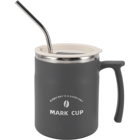Tasse à café grande capacité, étanche, en acier inoxydable, avec couvercle et paille, pour couple, idéale pour le bureau, les voyages et la maison (gris). (1/5)