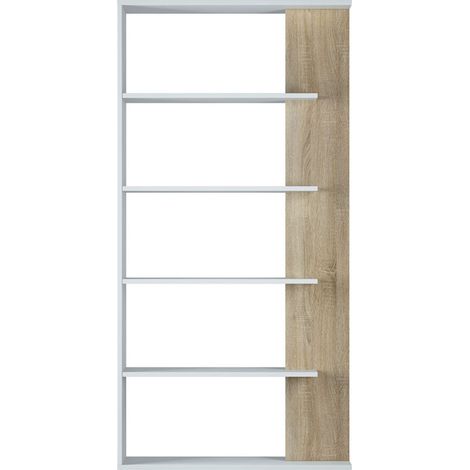 Bibliotheque avec 5 etageres coloris Blanc / Chene en melamine - Dim: 180 x 90 x 25 cm -PEGANE- (1/5)