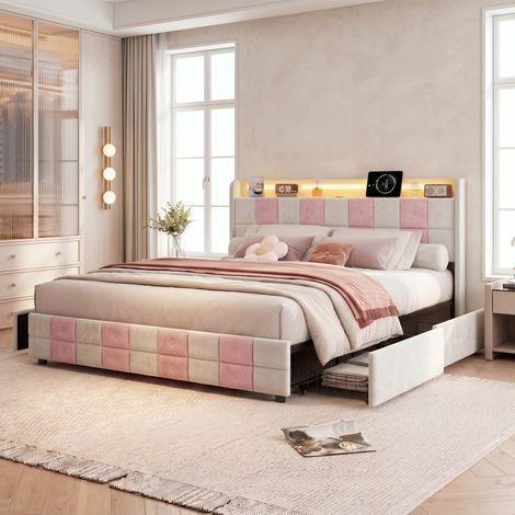 Lit avec tiroirs 140x200 cm en Velours Blanc et Rose - Sommier Inclus - 4 Tiroirs de Rangement - Éclairage LED RVB Smart, Ports USB & USB-C - Tête de Lit Capitonnée Design Moderne
