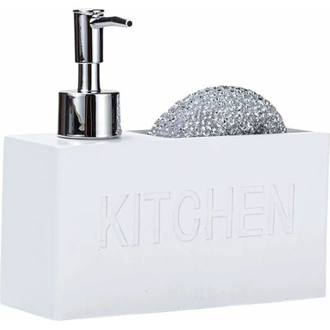 Distributeur De Savon Avec Porte-Éponge, Motif Marbre Blanc, Adapté Aux Étagères De Cuisine, Éviers, Rangements, Décoration De Cuisine, Blanc (1/4)