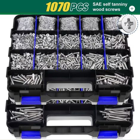 Coffret de visserie inox 1070 pièces – Assortiment de vis à bois autotaraudeuses à tête fraisée cruciforme avec écrous assortis, formats SAE multi-dimensions, kit de fixation pour bricolage (1/2)